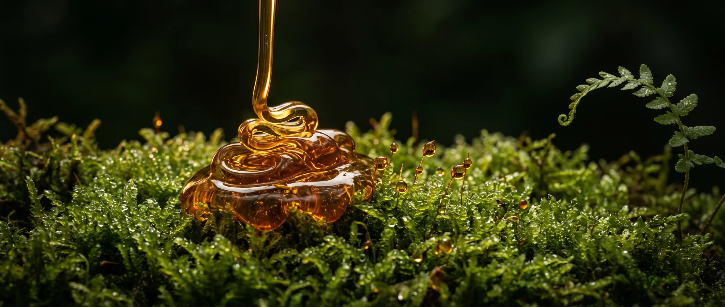 Raw golden Melipona honey folding onto a cushion of living moss