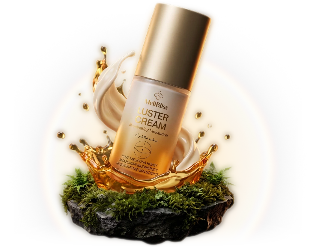 Luster Cream rising from a mossy stone inside a crown of golden honey and cream