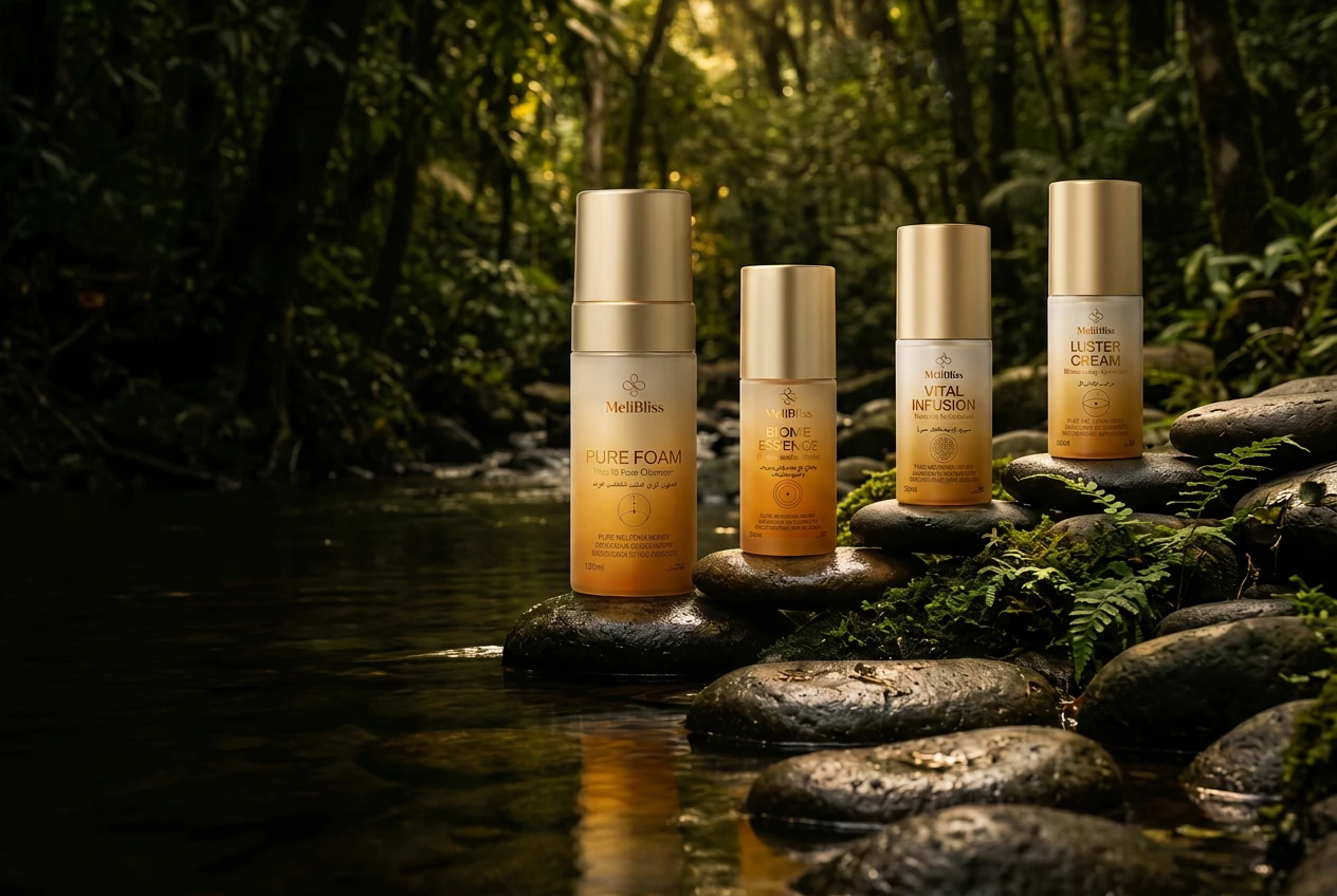Four MeliBliss formulas on river stones beside an Amazonian forest stream